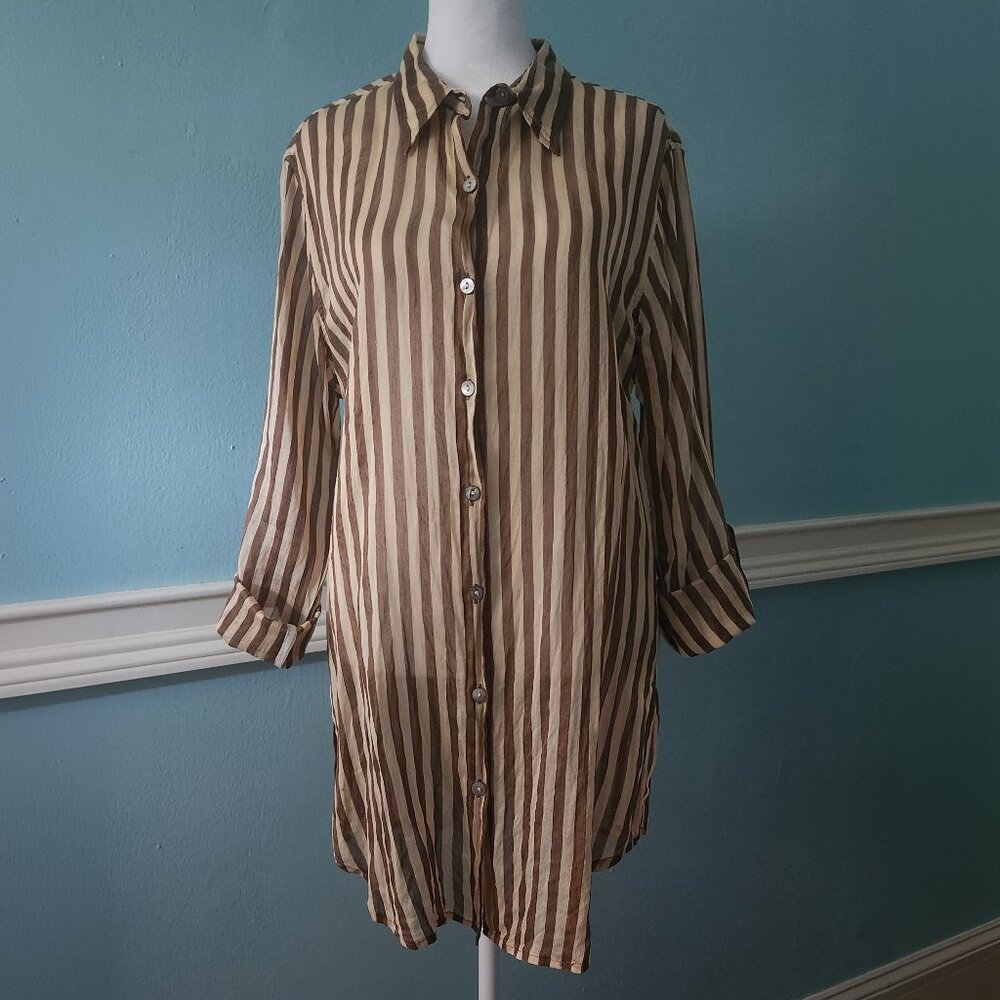 Chico’s sz 2 (L/12) Stripe Tunic Button down tan chocolate silk/cotton blend